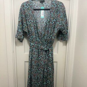 NWT Dolman Midi Asymmetrical faux wrap floral dress with ruffle detail
